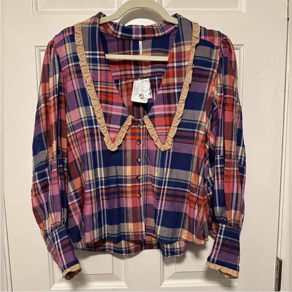 Free People Plaid Top NWT with Balloon Sleeves Button Down Blouse Size medium - Picture 1 of 8